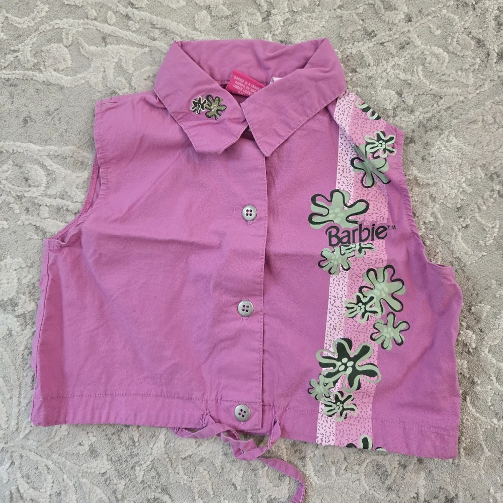 Vintage Y2k (2000) Barbie Fuschia Purple Sleeveless Top with Green Floral Design
